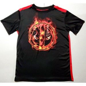 Deadpool Logo Flame Marvel Shirt Small 34/36 Black Red Graphic Eyes Short Sleeve